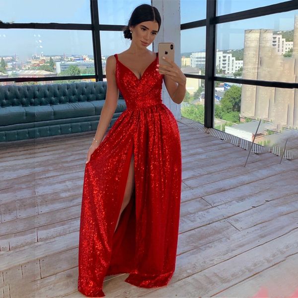 exquisite spaghetti straps sequins prom dresses formal long party gowns side split a line evening dress robe de soiree, Black 
exquisite spaghetti straps sequins prom dresses formal long party gowns side split a line evening dress robe de soiree, Black