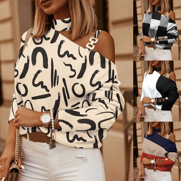 women's t-shirt autumn spring long-sleeved women's geometric print halter t-shirt tee elegant temperament elegant off shoulder pul, White
women's t-shirt autumn spring long-sleeved women's geometric print halter t-shirt tee elegant temperament elegant off shoulder pul, White