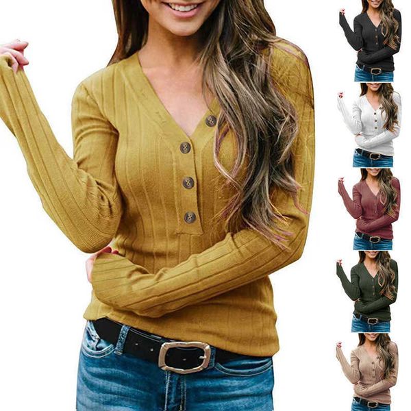 women's t-shirt autumn and winter new women's clothing v neck button solid color long sleeve knitted sweater women's slim cas, White
women's t-shirt autumn and winter new women's clothing v neck button solid color long sleeve knitted sweater women's slim cas, White