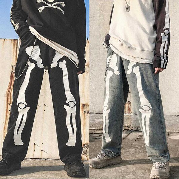 men/women graffiti black skeleton jeans ins bone print straight leg denim pants hip hop dad trousers, Blue
men/women graffiti black skeleton jeans ins bone print straight leg denim pants hip hop dad trousers, Blue