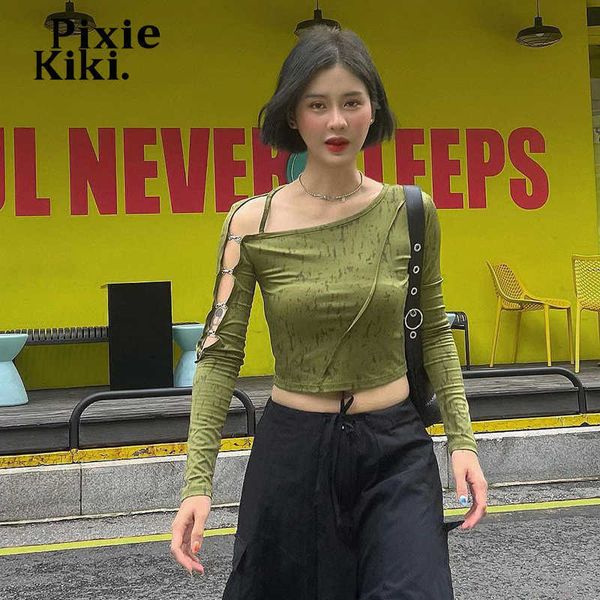 women's t-shirt pixiekiki fashion y2k asymmetrical cut out one shoulder long sleeve crop green print t-shirts 2000s aesthetic p85-bg14, White
women's t-shirt pixiekiki fashion y2k asymmetrical cut out one shoulder long sleeve crop green print t-shirts 2000s aesthetic p85-bg14, White