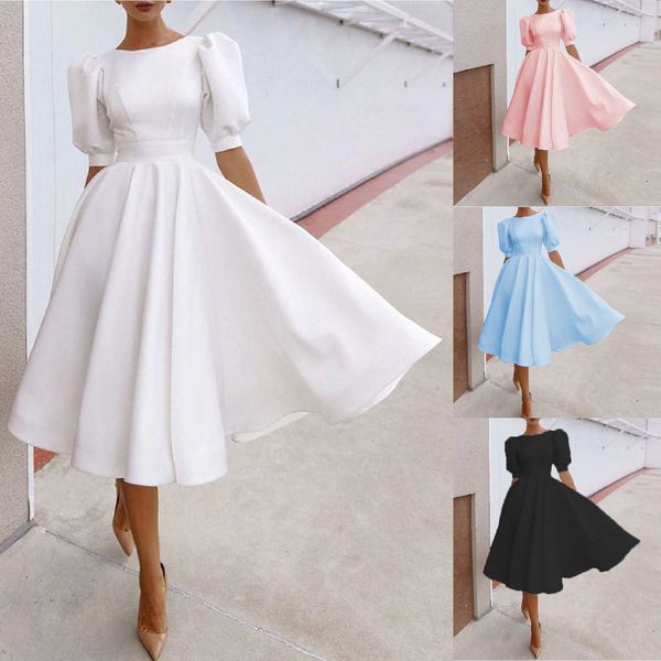 party dresses casual spring and summer new solid color slim women's dress fashion big swing short sleeved middle skirt 220104, White;black
party dresses casual spring and summer new solid color slim women's dress fashion big swing short sleeved middle skirt 220104, White;black
