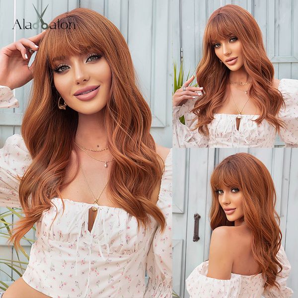red brown wigs with bangs long water wave synthetic wigs for women ginger orange cosplay daily heat resistant wigfactory direct, Black