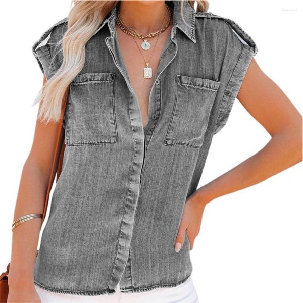 women's blouses stylish women shirt solid color everyday wear lightweight sleeveless pocket single-breasted denim top, White
women's blouses stylish women shirt solid color everyday wear lightweight sleeveless pocket single-breasted denim top, White