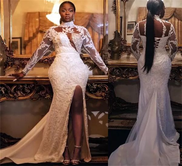 plus size arabic lace beaded wedding gowns aso ebi luxurious crystals high split long sleeves bridal dresses, White
plus size arabic lace beaded wedding gowns aso ebi luxurious crystals high split long sleeves bridal dresses, White