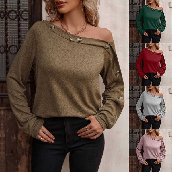 women's t-shirt autumn and winter new women's fashion button off-the-shoulder long-sleeved for women casual solid slash neck tee, White
women's t-shirt autumn and winter new women's fashion button off-the-shoulder long-sleeved for women casual solid slash neck tee, White