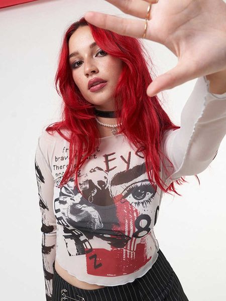 women's t-shirt tulle fashion silm print goth for women aesthetic clothes outfit perspective casual long sleeve pullover o-neck t-shirt, White
women's t-shirt tulle fashion silm print goth for women aesthetic clothes outfit perspective casual long sleeve pullover o-neck t-shirt, White