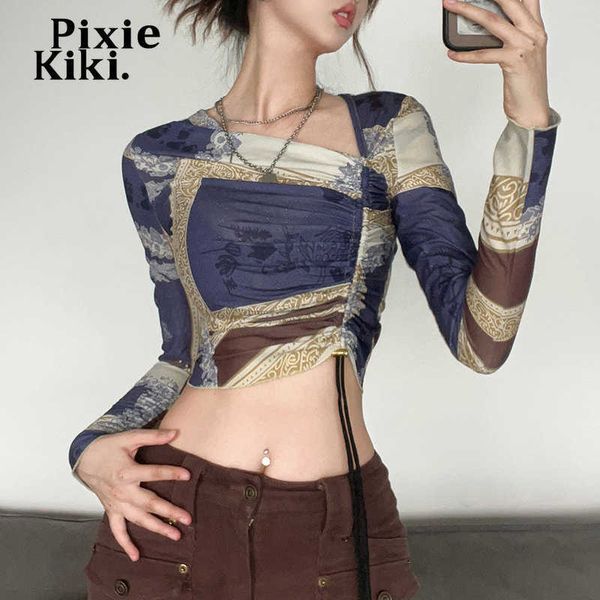 women's t-shirt pixiekiki asymmetrical drawstring long sleeve crop vintage print graphic tees street style fitted t shirts p71-bg15 t23, White
women's t-shirt pixiekiki asymmetrical drawstring long sleeve crop vintage print graphic tees street style fitted t shirts p71-bg15 t23, White