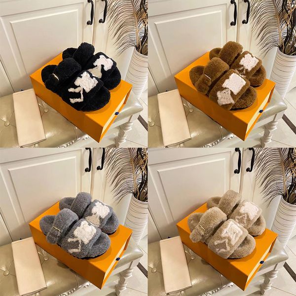 women slippers ladies wool slides winter fur fluffy furry warm letters sandals comfortable fuzzy inverted triangular iron sheet girl flip fl, Black