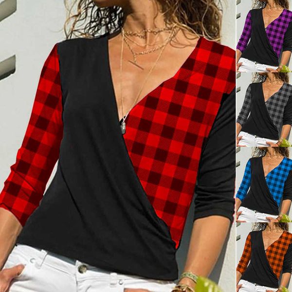 women's t-shirt 2022 autumn and winter new women's v neck plaid print long-sleeved t-shirt stitching color matching casual fashion, White
women's t-shirt 2022 autumn and winter new women's v neck plaid print long-sleeved t-shirt stitching color matching casual fashion, White