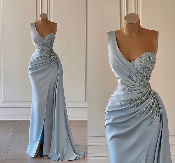 sky blue one shoulder sleeveless evening dresses pleated sequined side slit mermaid prom party gowns formal vestido de novia, Black
sky blue one shoulder sleeveless evening dresses pleated sequined side slit mermaid prom party gowns formal vestido de novia, Black