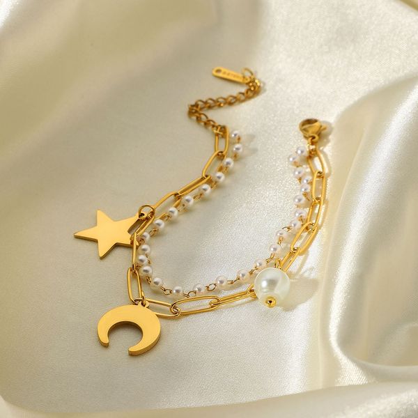 ins titanium metal chain bracelet 18k gold-plated stainless steel star moon pearl pendant double layer bracelet lady, Black
ins titanium metal chain bracelet 18k gold-plated stainless steel star moon pearl pendant double layer bracelet lady, Black