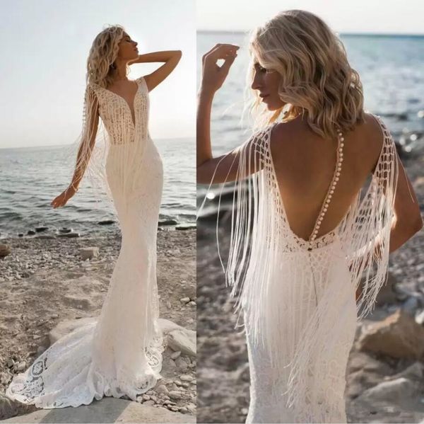 bohemian mermaid wedding dresses fringe v neck bridal gowns vintage crochet lace long appliques lace robe de mariee, White
bohemian mermaid wedding dresses fringe v neck bridal gowns vintage crochet lace long appliques lace robe de mariee, White