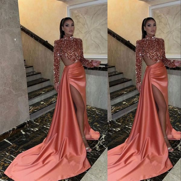 2023 prom dresses arabic sequined lace peach sequins sheath high neck long sleeves side split floor length evening gowns vestidos cutaway si, Black
2023 prom dresses arabic sequined lace peach sequins sheath high neck long sleeves side split floor length evening gowns vestidos cutaway si, Black