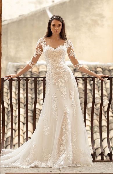 luxury lace a line wedding dresses for women 3/4 long sleeve bride dress romantic appliques bridal gowns, White
luxury lace a line wedding dresses for women 3/4 long sleeve bride dress romantic appliques bridal gowns, White