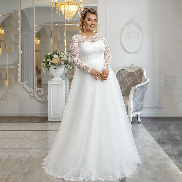 luxury lace plus size a line wedding dresses long sleeves tulle bridal gowns scoop neck vestidos de novias 2023 custom made, White 
luxury lace plus size a line wedding dresses long sleeves tulle bridal gowns scoop neck vestidos de novias 2023 custom made, White