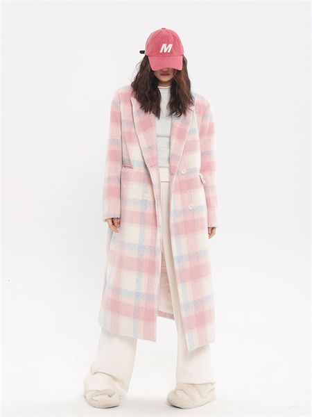 women's wool blends pink check pattern worn woolen coat suit collar jacket autumn winter british style loose middle long outerwear fema, Black
women's wool blends pink check pattern worn woolen coat suit collar jacket autumn winter british style loose middle long outerwear fema, Black