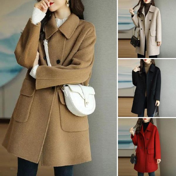 women's wool blend overcoat solid long sleeves lapel woman midlength cardigan keep warm thicken lady winter coat for shopping 230105, Black
women's wool blend overcoat solid long sleeves lapel woman midlength cardigan keep warm thicken lady winter coat for shopping 230105, Black