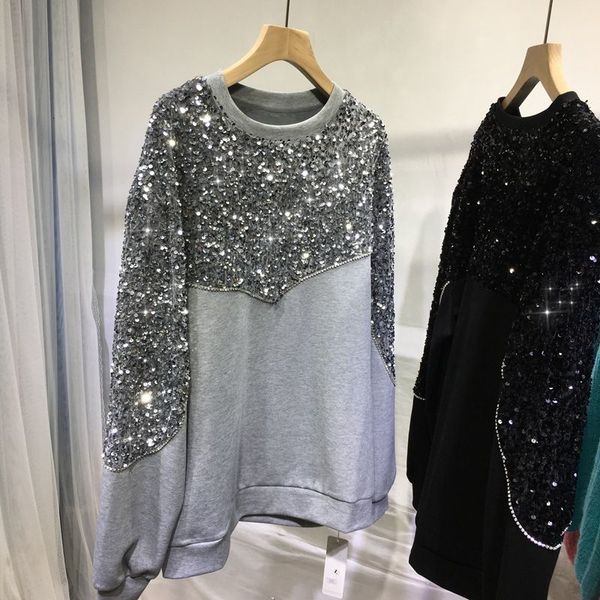 women's hoodies sweatshirt sweater hand beaded sequins pullovers o neck long sleeved gray autumn winter outerwear jumpers 230104, Black
women's hoodies sweatshirt sweater hand beaded sequins pullovers o neck long sleeved gray autumn winter outerwear jumpers 230104, Black