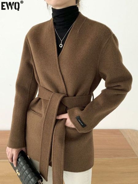 women's wool blends ewq cardigan women en coats korean 2023 winter autumn outerwear laceup waist vneck long sleeve female overcoat 230, Black
women's wool blends ewq cardigan women en coats korean 2023 winter autumn outerwear laceup waist vneck long sleeve female overcoat 230, Black