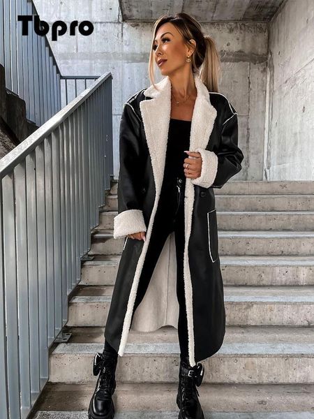 women's jacket pu leather splicing faux fur long jacket solid turndown collar coats with belt autumn winter thick warm outerwear 230105, Black;brown
women's jacket pu leather splicing faux fur long jacket solid turndown collar coats with belt autumn winter thick warm outerwear 230105, Black;brown