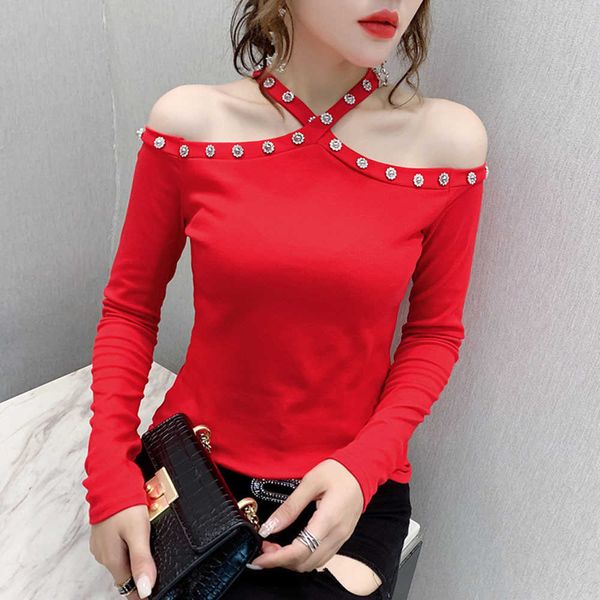 women's t-shirt spring fall women slim off shoulder t-shirts solid long sleeve club halter ladies bead blouse casual street tees blusas, White
women's t-shirt spring fall women slim off shoulder t-shirts solid long sleeve club halter ladies bead blouse casual street tees blusas, White
