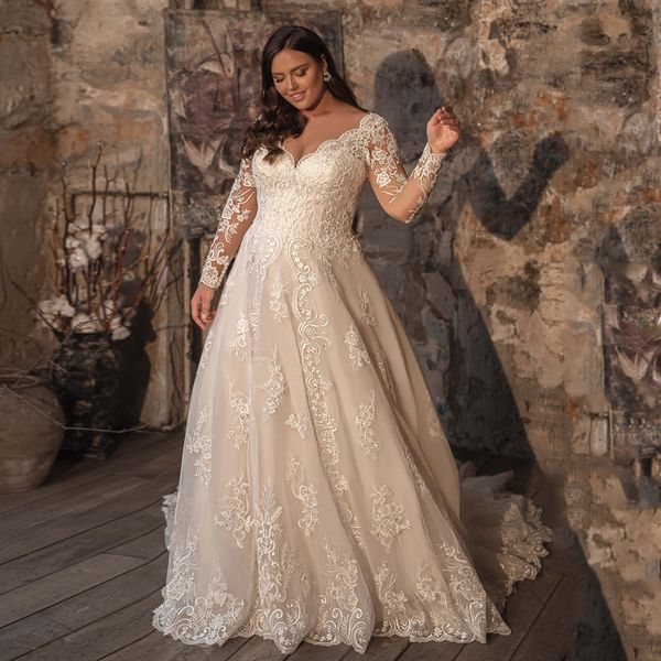 exquisite lace a line wedding dress plus size v neck long sleeves applique sweep train vestido de noiva wedding gown bridal dresses, White
exquisite lace a line wedding dress plus size v neck long sleeves applique sweep train vestido de noiva wedding gown bridal dresses, White