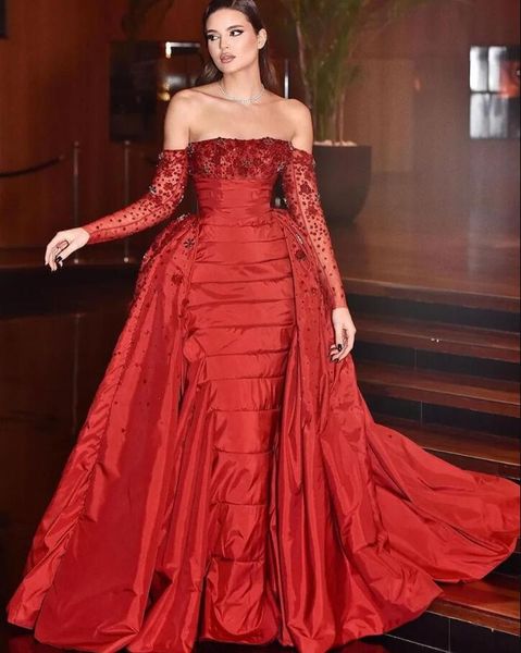red luxury mermaid princess evening dresses with detachable train off shoulder long sleeve gillter 3d floral arabic prom gown, Black;red
red luxury mermaid princess evening dresses with detachable train off shoulder long sleeve gillter 3d floral arabic prom gown, Black;red