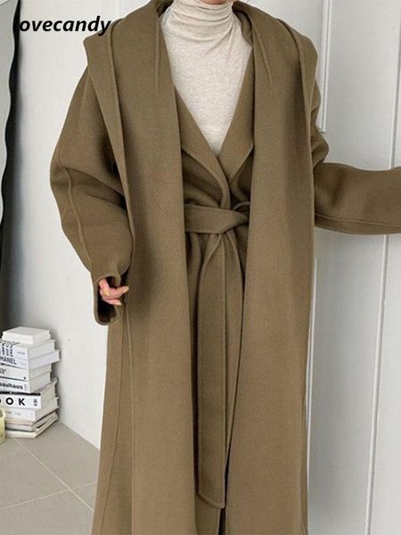women's wool blends winter elegant woolen hooded overcoat fashion cashmere laceup belt outerwear office ladies trend female coat 230105, Black
women's wool blends winter elegant woolen hooded overcoat fashion cashmere laceup belt outerwear office ladies trend female coat 230105, Black