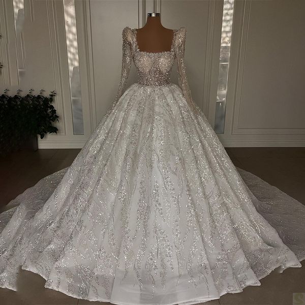 luxury ball gown wedding dresses square neck long sleeves sequin appliqued lace bridal wear custom made country vestido de novia, White
luxury ball gown wedding dresses square neck long sleeves sequin appliqued lace bridal wear custom made country vestido de novia, White
