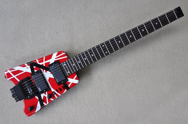 

factory red headless electric guitar with strip pattern body black hardware rosewood fingerboard hh pickups can be customized