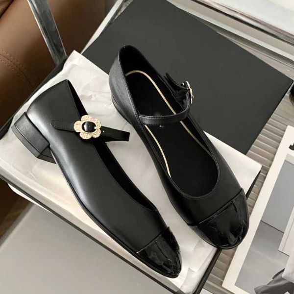 ballet shoes for women flower buckle leather women's shoes flat sole sunflower, Black