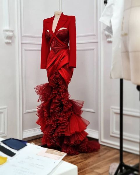 modern red fishtail evening dresses satin long sleeves tulle ruffles tiered skirt mermaid runway prom celebrity dresses, Black;red
modern red fishtail evening dresses satin long sleeves tulle ruffles tiered skirt mermaid runway prom celebrity dresses, Black;red