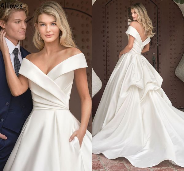 vintage off shoulder a line wedding dresses for brides simple satin elegant pleated boho garden bridal gowns long court train drapped second, White
vintage off shoulder a line wedding dresses for brides simple satin elegant pleated boho garden bridal gowns long court train drapped second, White