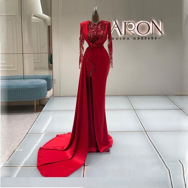 red appliqued mermaid prom dresses sheer jewel neckline beaded evening gowns long sleeves sweep train satin side split formal dress, Black
red appliqued mermaid prom dresses sheer jewel neckline beaded evening gowns long sleeves sweep train satin side split formal dress, Black