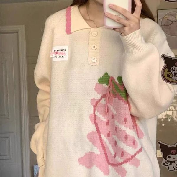 women's knits tees pink strawberry autumn winter cartoon polo collar sweater design loose lazy england style all-match student girl out, White
women's knits tees pink strawberry autumn winter cartoon polo collar sweater design loose lazy england style all-match student girl out, White