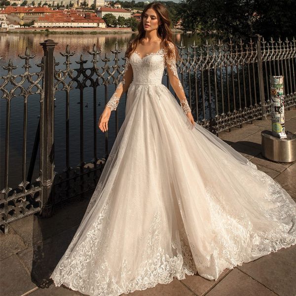 luxury sheer neck a line wedding dresses long sleeves lace appliques tulle bridal gowns chapel train covered button back, White
luxury sheer neck a line wedding dresses long sleeves lace appliques tulle bridal gowns chapel train covered button back, White