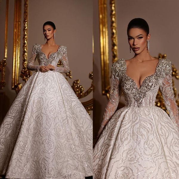 luxurious ball gown wedding dresses v-neck long transparent sleeves with applicant sequins beaded floor length custom made plus side vestido, White
luxurious ball gown wedding dresses v-neck long transparent sleeves with applicant sequins beaded floor length custom made plus side vestido, White