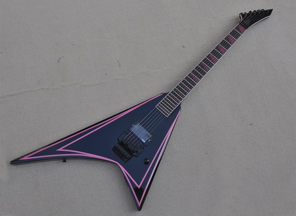 black v electric guitar with pink sticker floyd rose rosewood fingerboard 24 frets can be customized as request
black v electric guitar with pink sticker floyd rose rosewood fingerboard 24 frets can be customized as request