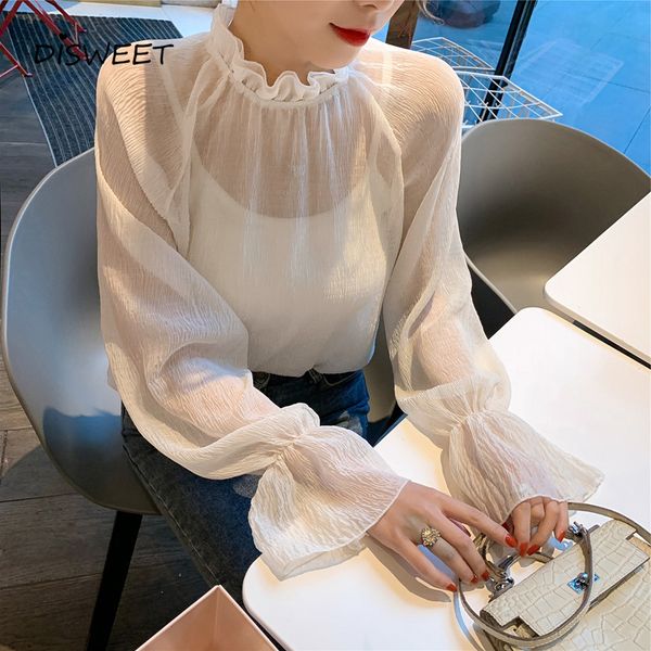women's blouses shirts korean loose bell sleeve chiffon woman simple transparent slim ladies casual wrinkled solid women 230106, White
women's blouses shirts korean loose bell sleeve chiffon woman simple transparent slim ladies casual wrinkled solid women 230106, White