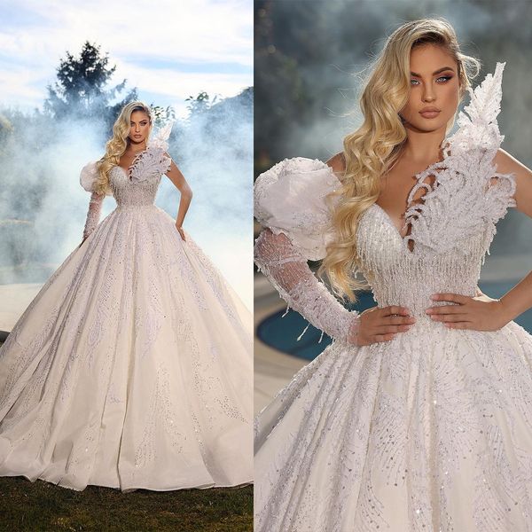 luxury ball gown wedding dresses one shoulder lone sleeve appliques lace bridal gowns custom made sweep train vestido de novia, White
luxury ball gown wedding dresses one shoulder lone sleeve appliques lace bridal gowns custom made sweep train vestido de novia, White