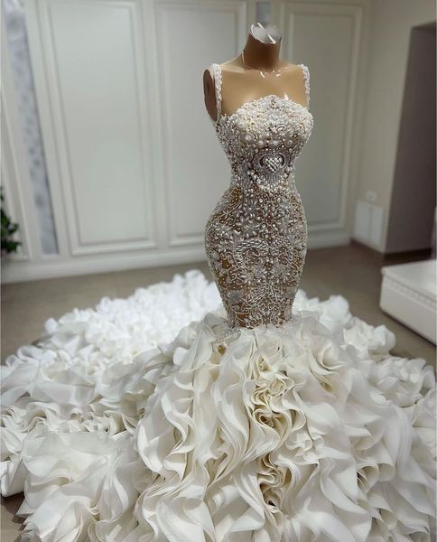 luxury mermaid wedding dresses sleeveless bateau spaghetti straps 3d lace folds appliques sequins beaded pearls floor length formal bridal g, White
luxury mermaid wedding dresses sleeveless bateau spaghetti straps 3d lace folds appliques sequins beaded pearls floor length formal bridal g, White