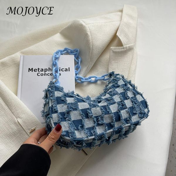 evening bags vintage denim women small shoulder blue checked handbag tote acrylic chain underarm bag female armpit purse handle 230106
evening bags vintage denim women small shoulder blue checked handbag tote acrylic chain underarm bag female armpit purse handle 230106