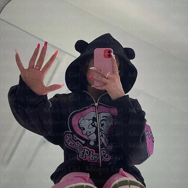 women's hoodies sweatshirts harajuku zip up women y2k clothes vintage cartoon anime hoodie oversize letter glitter print bear hat 23010, Black
women's hoodies sweatshirts harajuku zip up women y2k clothes vintage cartoon anime hoodie oversize letter glitter print bear hat 23010, Black