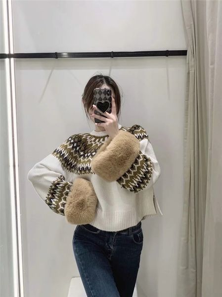 women's knits tees artificial fur jacquard sweater in autumn and winter 230106, White
women's knits tees artificial fur jacquard sweater in autumn and winter 230106, White