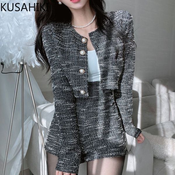 women s two piece pants kusahiki korean tweed pieces outfits elegant o neck beads single breasted short coat high waist wide leg short sets, White
women s two piece pants kusahiki korean tweed pieces outfits elegant o neck beads single breasted short coat high waist wide leg short sets, White