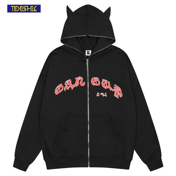 men s down parkas devil horn hat design autumn jacket letter print hip hop streetwear hoodie loose zip casual sweatshirt 230106, Black
men s down parkas devil horn hat design autumn jacket letter print hip hop streetwear hoodie loose zip casual sweatshirt 230106, Black