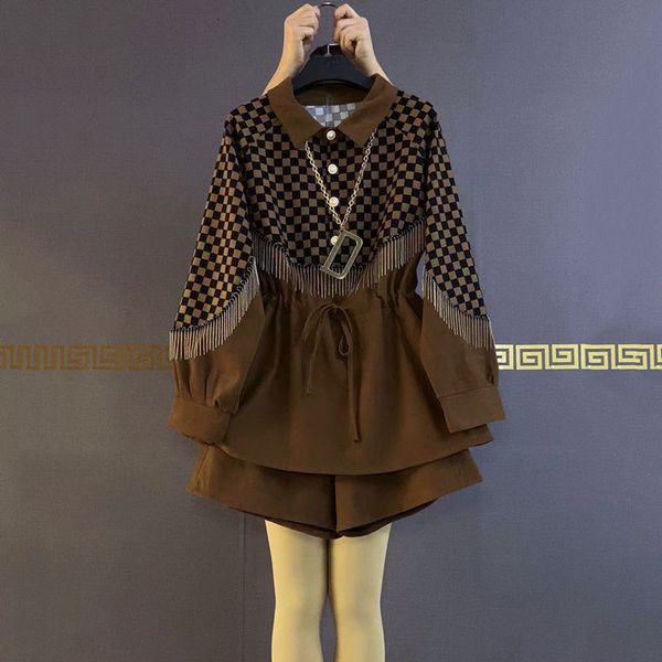 women s two piece pants korean plaid print tassel spliced blouse for female casual all match shorts suit fashion clothing set 230106, White
women s two piece pants korean plaid print tassel spliced blouse for female casual all match shorts suit fashion clothing set 230106, White