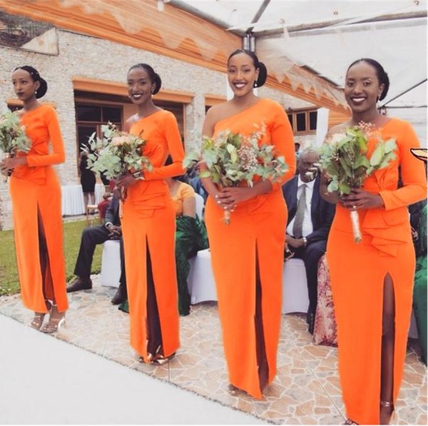 one shoulder orange bridesmaid dresses for black girls side slit straight long sleeve wedding party gowns plus size, White;pink
one shoulder orange bridesmaid dresses for black girls side slit straight long sleeve wedding party gowns plus size, White;pink