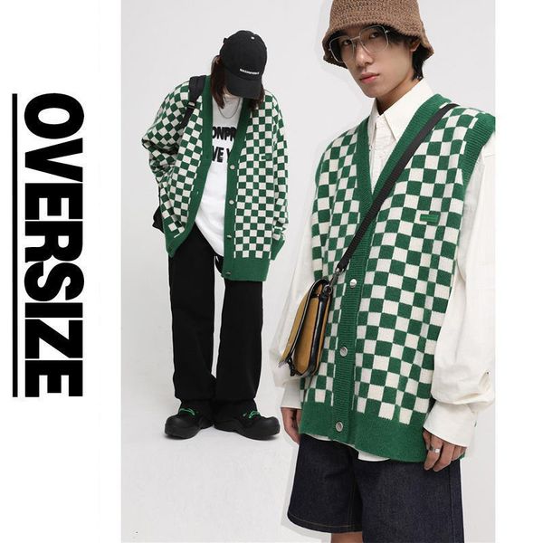 men s sweaters japanese plaid stripes couple knitted sweater autumn winter checkerboard cardigan men vest loose casual mens knit 230107, White;black 
men s sweaters japanese plaid stripes couple knitted sweater autumn winter checkerboard cardigan men vest loose casual mens knit 230107, White;black